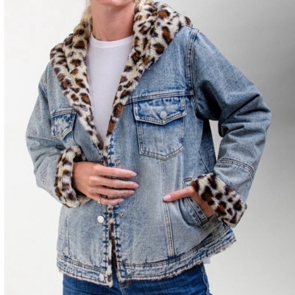 12PM by Mon Ami Jean Jacket Cheetah Trimmed Lined Faux Sherpa Size Large Animal - Picture 13 of 14